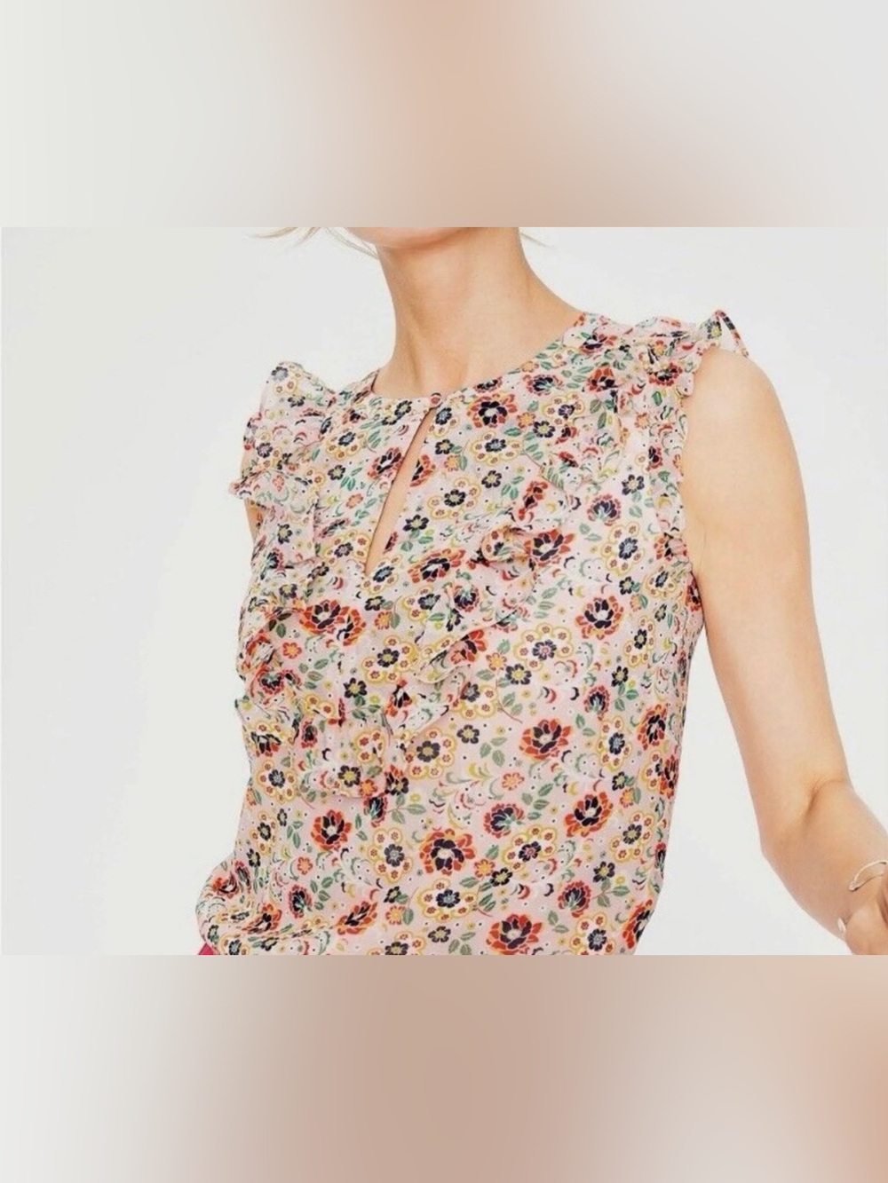 Boden Elise Ruffle Floral Sleeveless Top Blouse Women's Size 6 Medium Pink